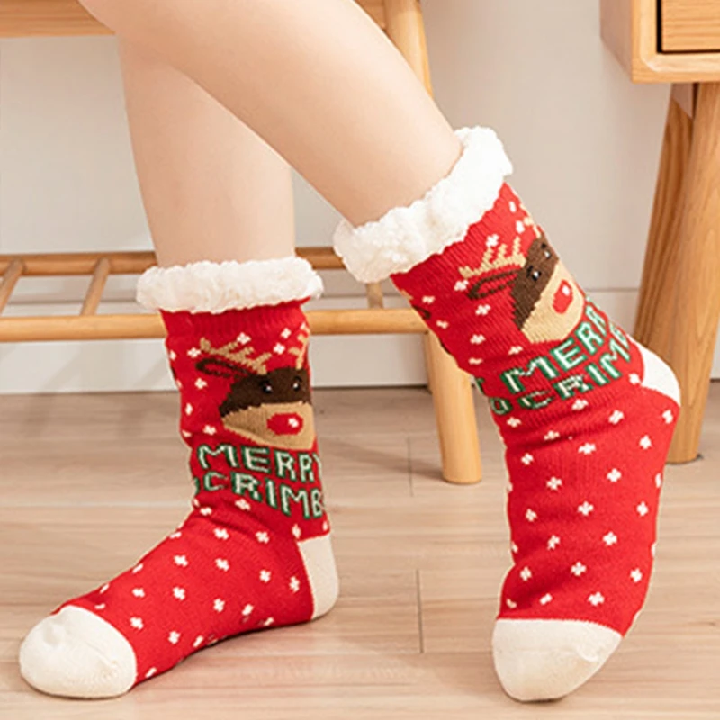 Unisex Christmas Thermal Fuzzy Slipper Socks with Grippers Funny Santa Elk Fleece Lined Non-Slip Foot Warmer Dropshipping