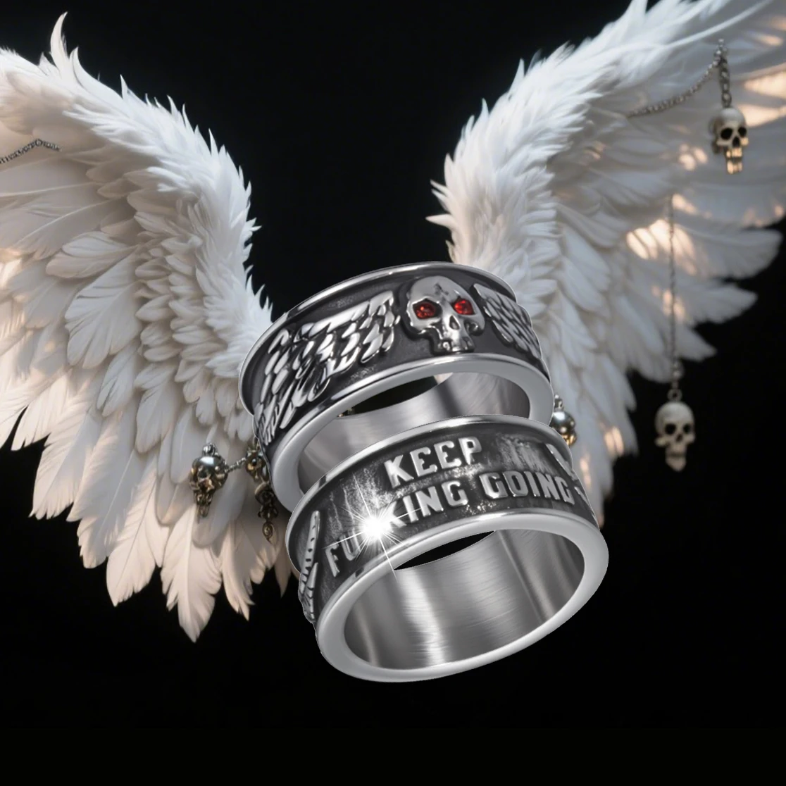 Gothic Skull Rings for Men Women, Red Cubic Zirconia Wings Keep Going Ring Stainless Steel  Skeleton Cocktail Party Punk Rings