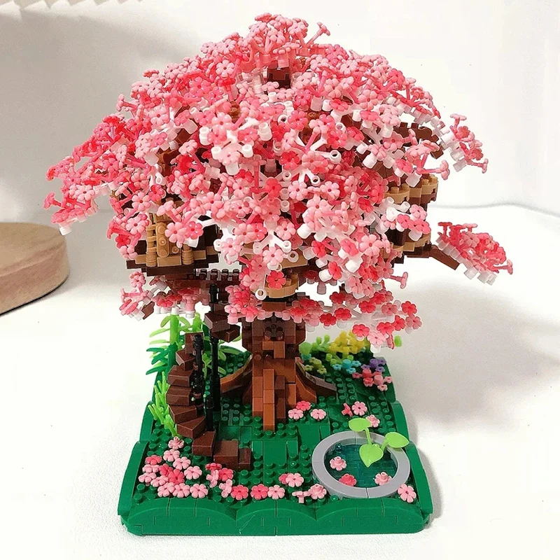 LHCX 605 World Architecture Cherry Blossom Tree House Sakura Flower Garden Grass Mini Diamond Blocks Bricks Building Toy No Box