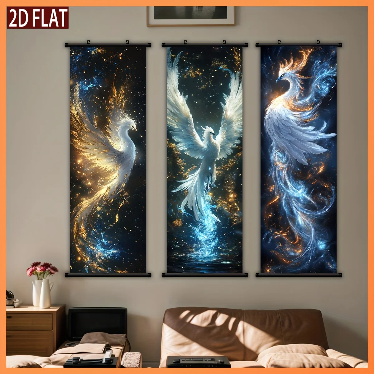 VIKAMA Starry Sky Ice Fire Divine Bird Phoenix Scroll Tapestry, High Definition Non Fading Wall Scroll for Mythical Room Decor