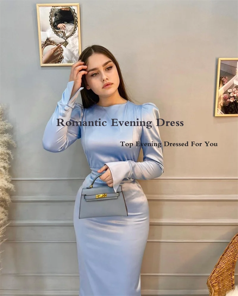 Romantic Baby Blue Satin Modest Evening Dress High Neck Full Sleeves Ankle Length Long Prom Dress For Women Vestido de festa