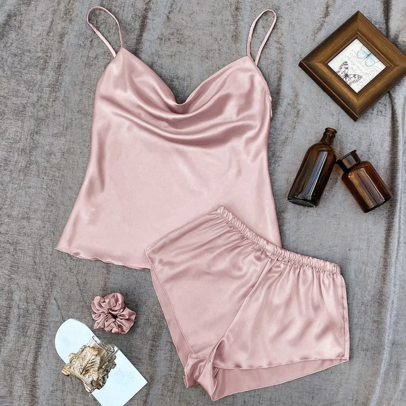 

Solid Satin Pajama Set V Neck Cami Top Elastic Waistband Shorts Women's Sleepwear Loungewear