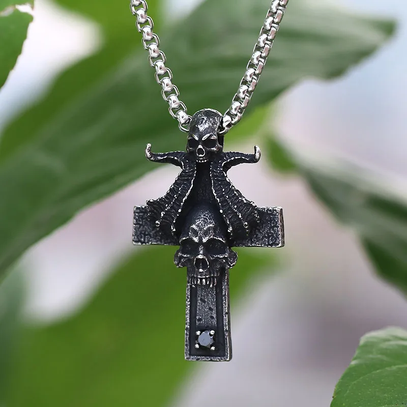 Retro New Biker 316L Stainless Steel Horn And Skull Pendant Vintage Punk Rock Jewelry Cross Choker For Man Women Boyfriend Gift