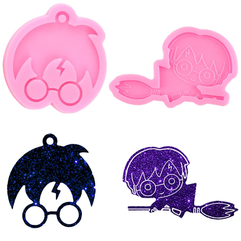 Shiny Anime Magic Boy Keychains Resin Epoxy Molds Boy Riding Broom Silicone DIY Sugarcraft Chocolate Mould