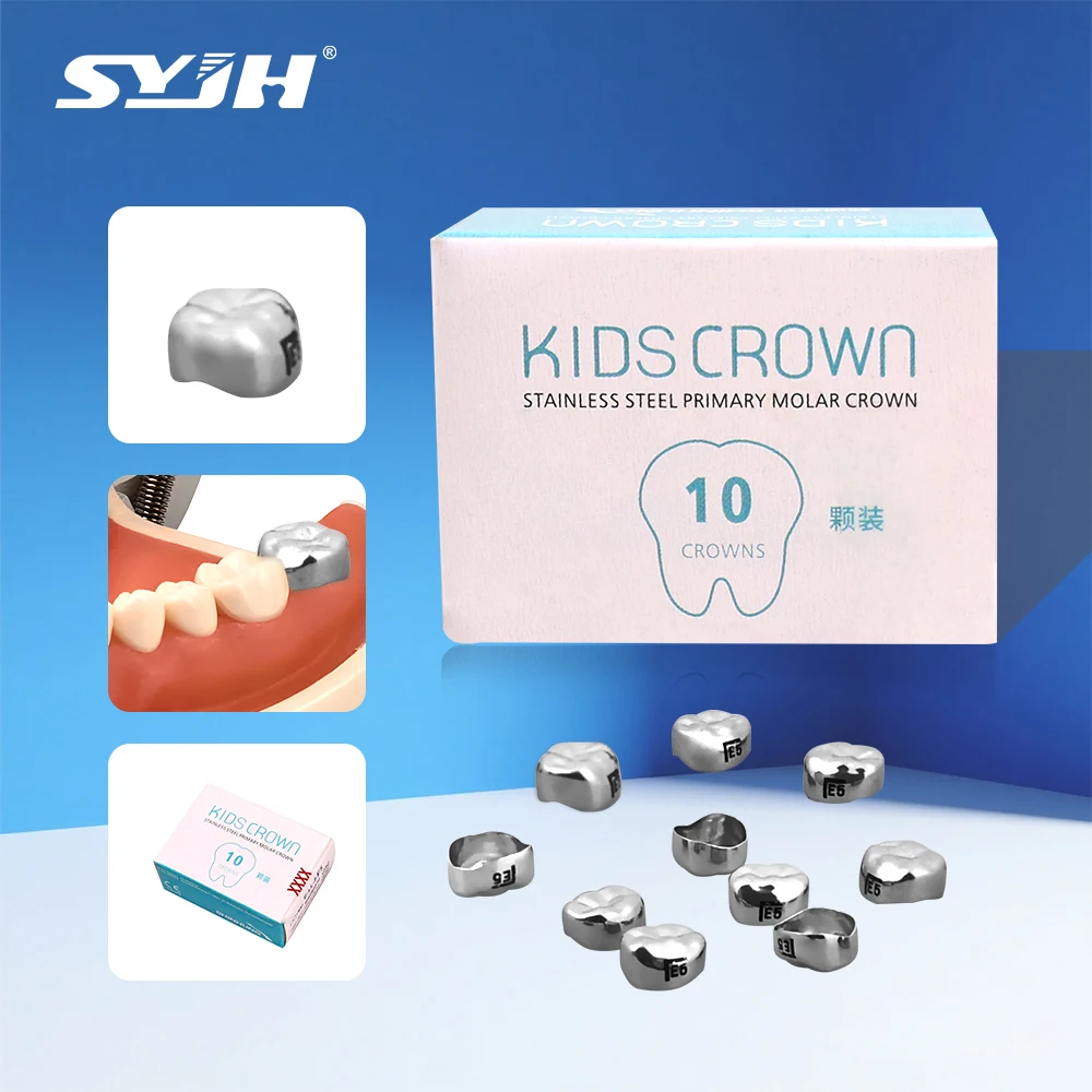 

SYJH 10Pcs/Box Dental Kids Preformed Primary Molar Crown Metal Tooth Dentistry Stainless Steel Kid Left/Right Temporary Crown