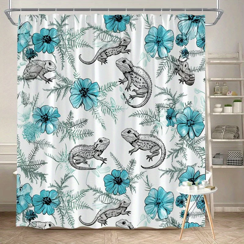1pc Lizard and blue floral pattern shower curtain, polyester fabric, machine washable, suitable for bathroom decoration