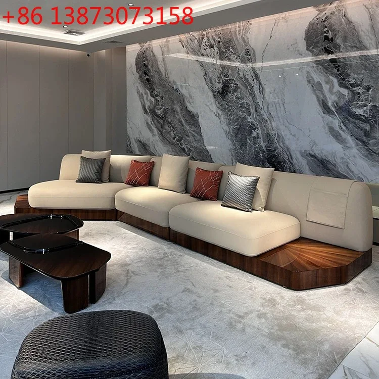 

Italian light luxury solid wood sofa designer villa large flat corner special-shaped leather furniture