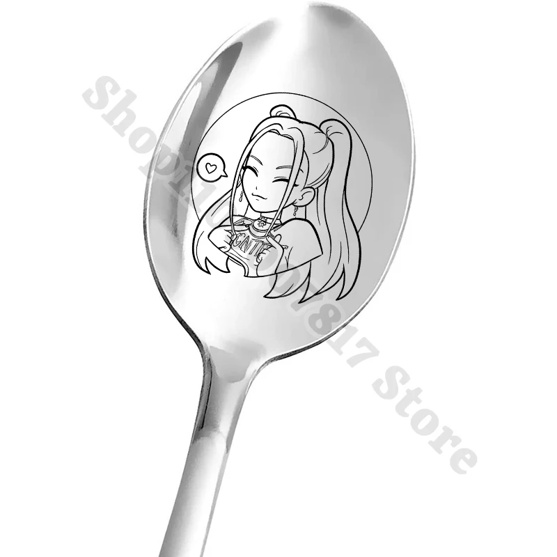 KPop شيطان الصيادين أنيمي الفولاذ المقاوم للصدأ ملعقة شوكة الكرتون مقبض طويل ملعقة شوربة لطيف ملعقة كبيرة القهوة خلط ملاعق الهدايا