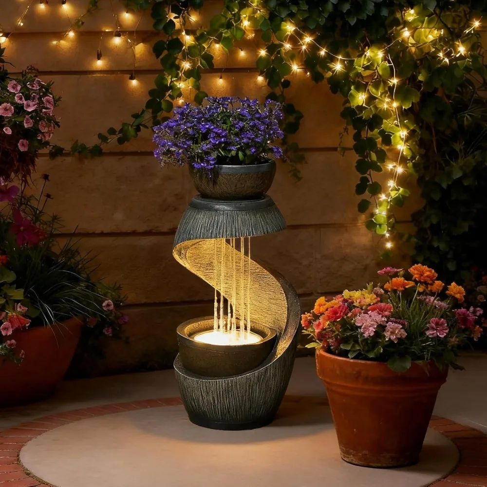 ميزة مياه خارجية نافورة فناء مع أضواء LED، نافورة شلال حديقة من الراتنج 31.9 خارجية، تصميم عصري على شكل حرف S #1