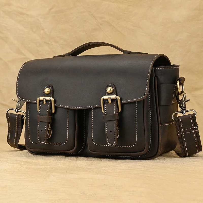 Genuine Leather DSLR Camera Bag - Cross - body & Shoulder Bag for Outdoor with Lens Protective Pouch