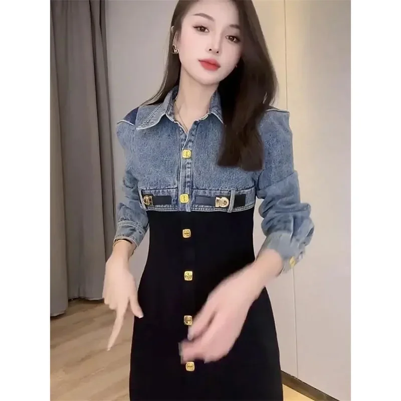 Fake Two-Piece Vestidos Top Denim Stitching Single-Breasted Dress Women\'s 2024 Spring Autumn Fashion Long Denim Dress Female