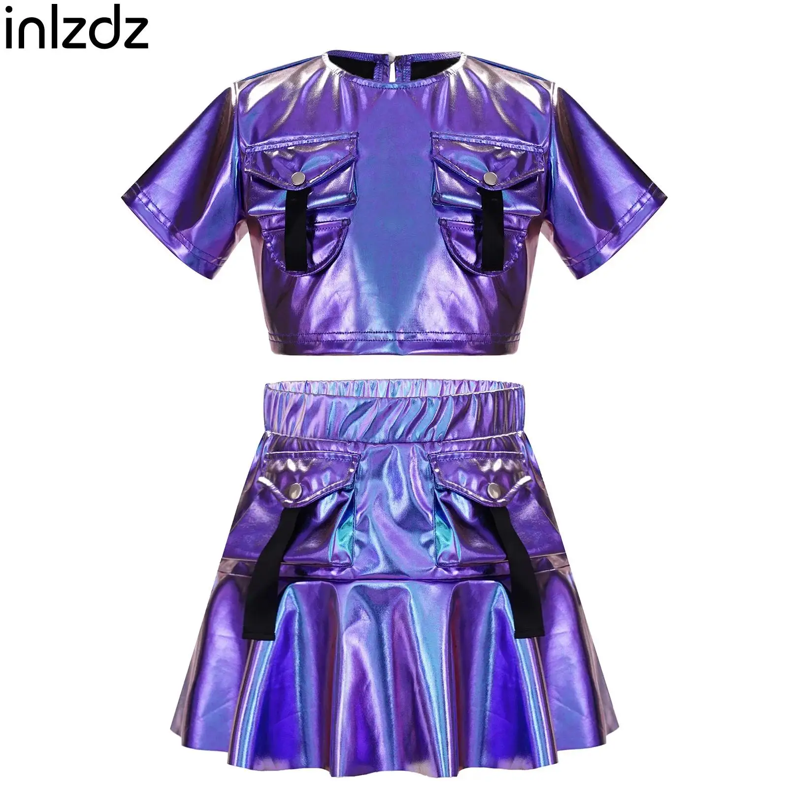 Girls Hip Hop Dance Set Metallic Short Sleeve Round Neck Crop Top with Ruffle Cargo Skirt for Stage Cheerleading Performance