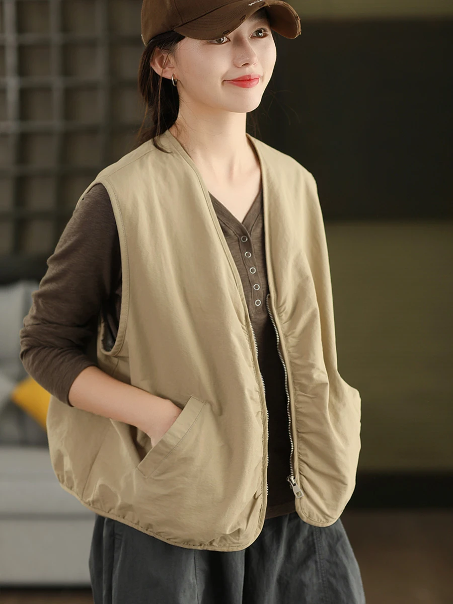 

Women's Zipper Front Pure Cotton High Densi Cotton Vest Double Layered Inner Liner V-Ne Regular Length Commute Sle