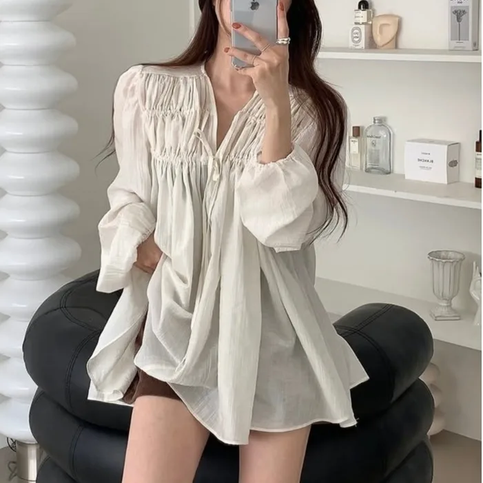 

Unique V-Ne Pleated Dstring Long Sve Women's irt Korean Sle Chic Design Versatile Big Swing Belted Casual Top