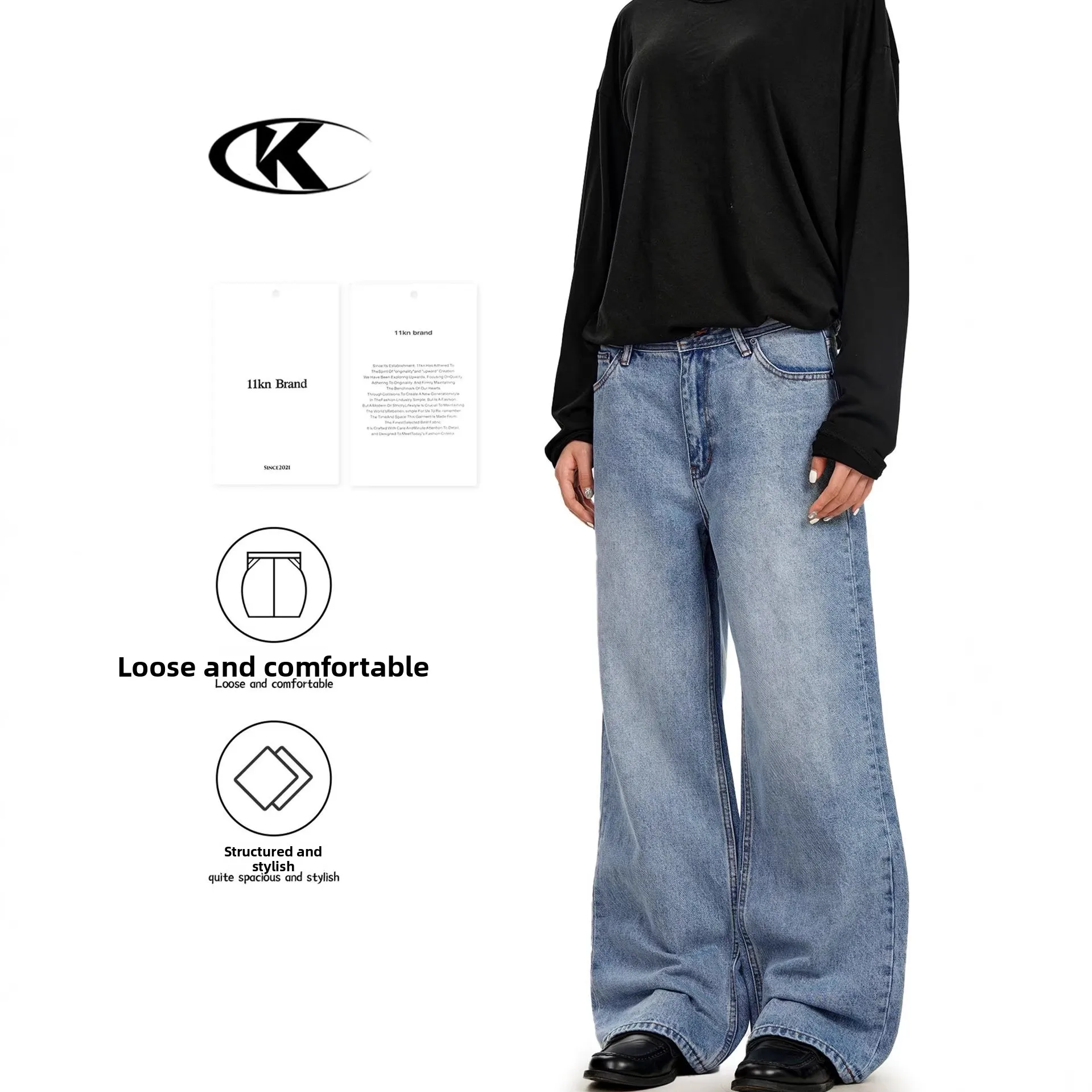 

American Waed Straight Leg Jeans ex Simple Retro Slimming 3D Casual Loose Jeans Denim Fabric Youth Zipper Opening