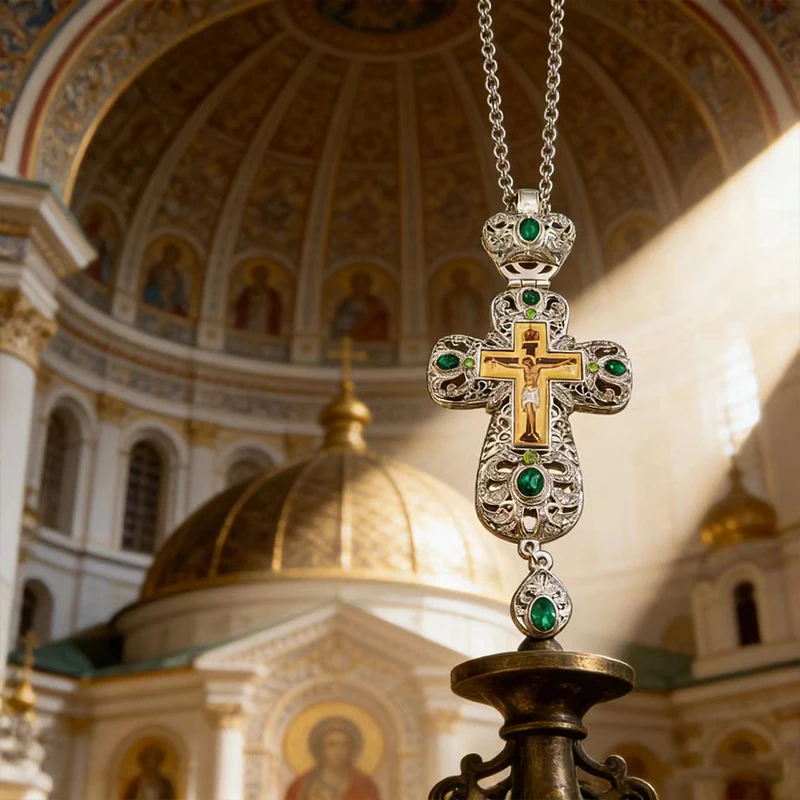 Neue 2026 Premium Zweifarbige Orthodoxe Kreuzkette mit Grünen Kristalldetails und Filigran-Verarbeitung für den täglichen spirituellen Gebrauch – Detail 17