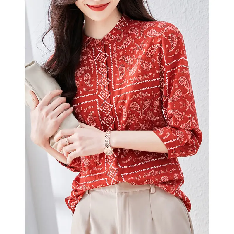 Vintage Gedrukt Button Chiffon Bloemen Shirt Vrouwen Kleding 2022 Nieuwe All-Match Casual Tops Loose 3/4 Mouwen Pendelen blouse