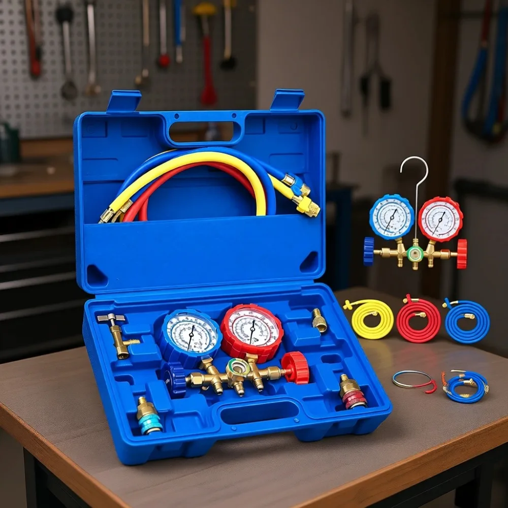 

AC Diagnostic Manifold Gauge Set 3 Way for Freon Charging R134A R12 R22 R502 with 3FT Hose Adapters Couplers Can Tap