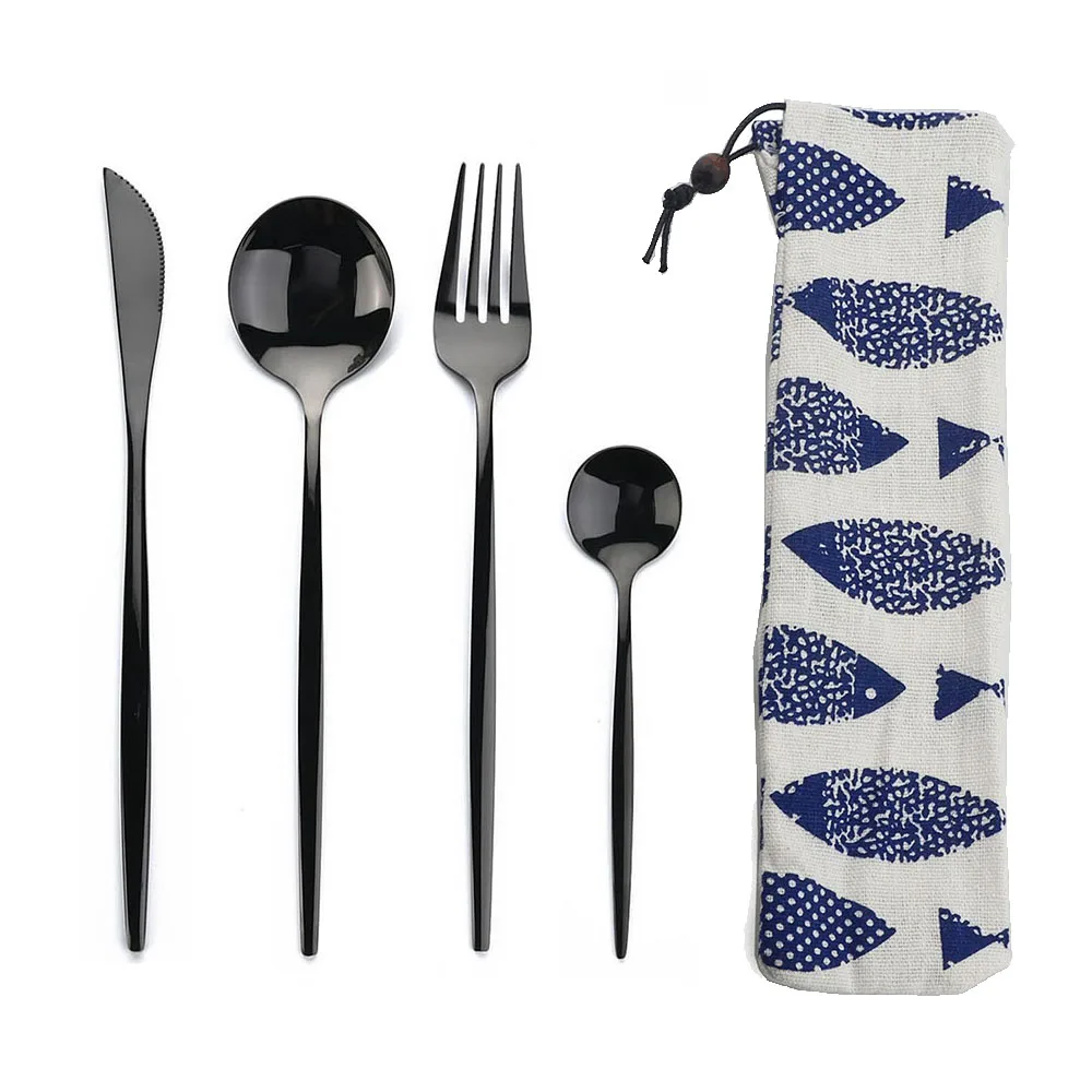 Tragbares 4-teiliges Edelstahl-Geschirr, Besteck, Geschirr-Set mit Tasche, westliches Messer, Gabel, Teelöffel, Küche, Abendessen, Besteck-Set