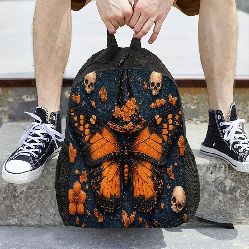 

Halloween double-sided flat print backpack, travel backpack, teen bag, skull butterfly pattern, adjustable shoulder strap