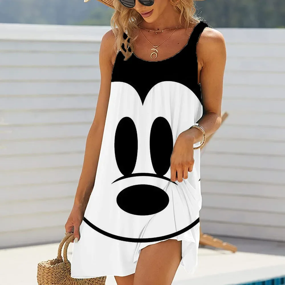 2024 Summer Girls Mickey and Minnie Women Fashion Sling Print Dress Disney Women Sexy Loose Seaside Beach Casual Beach Dress