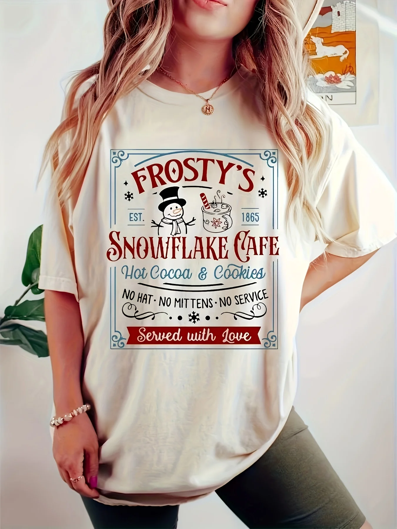 Women's Vintage Frosty Snowflake Cookie Graphic T-Shirt Pastel Pink Retro Cafe Tee for Parties Outfits Ladies Short Sleeve Shirt