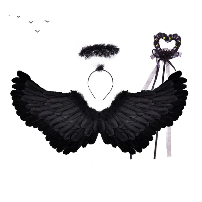 Kids Adult White Black Pink Angel Wings and Halo Ring Headband Magic Wand Sticks Costume  Wedding Festival