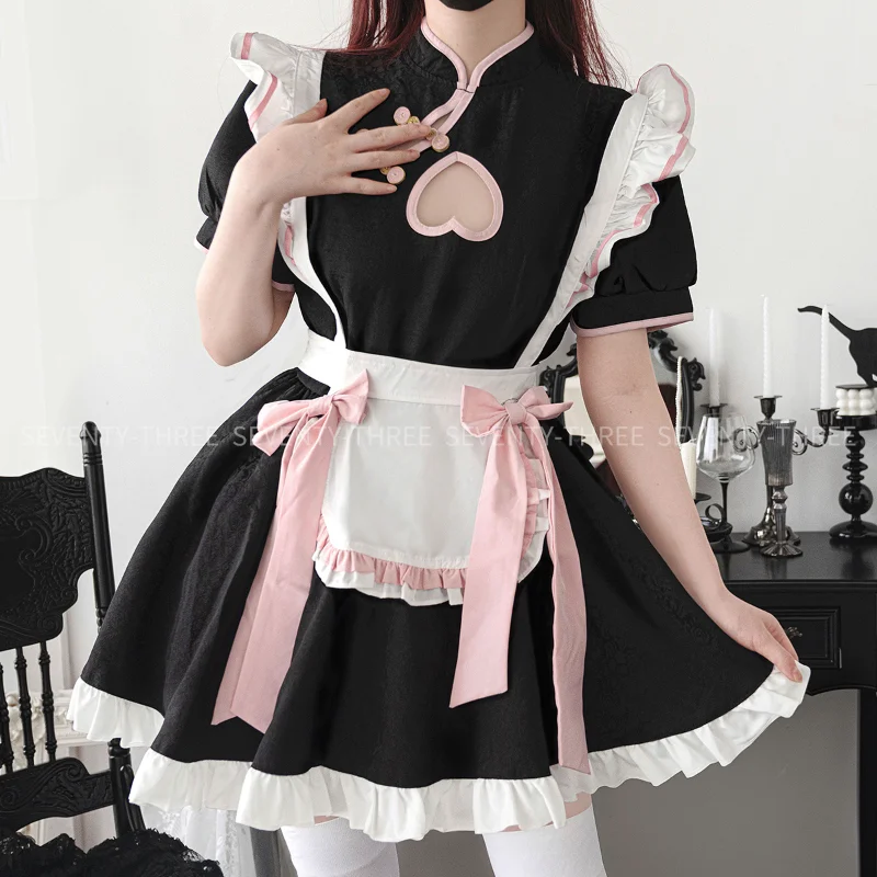 

Anime Hollow Out Cosplay Vintage Maid Dress Women Lolita Girl Buckle Cheongsam Collar Bodysuit Apron Set Sweet Lingerie Costume