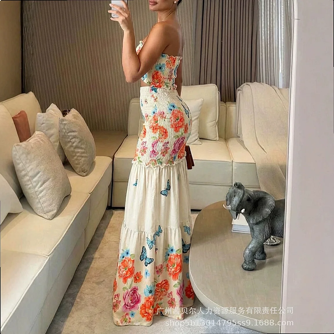 Floral Off Shoulder Dress Hollow Out Waist Cincher Fishtail Dress Spring Summer