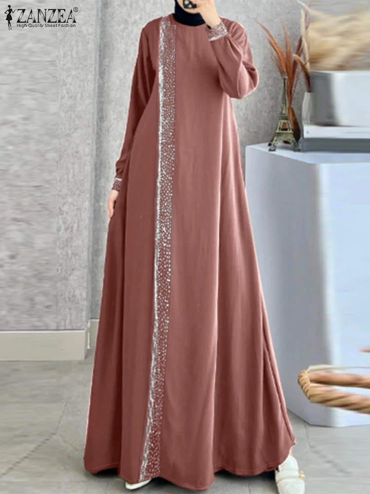 ZANZEA Autumn Women Patchwork Sundress Fashion Long Sleeve Muslim Abaya Robe Femme Dubai Maxi Dresses Polka Dots Vestidos 2024