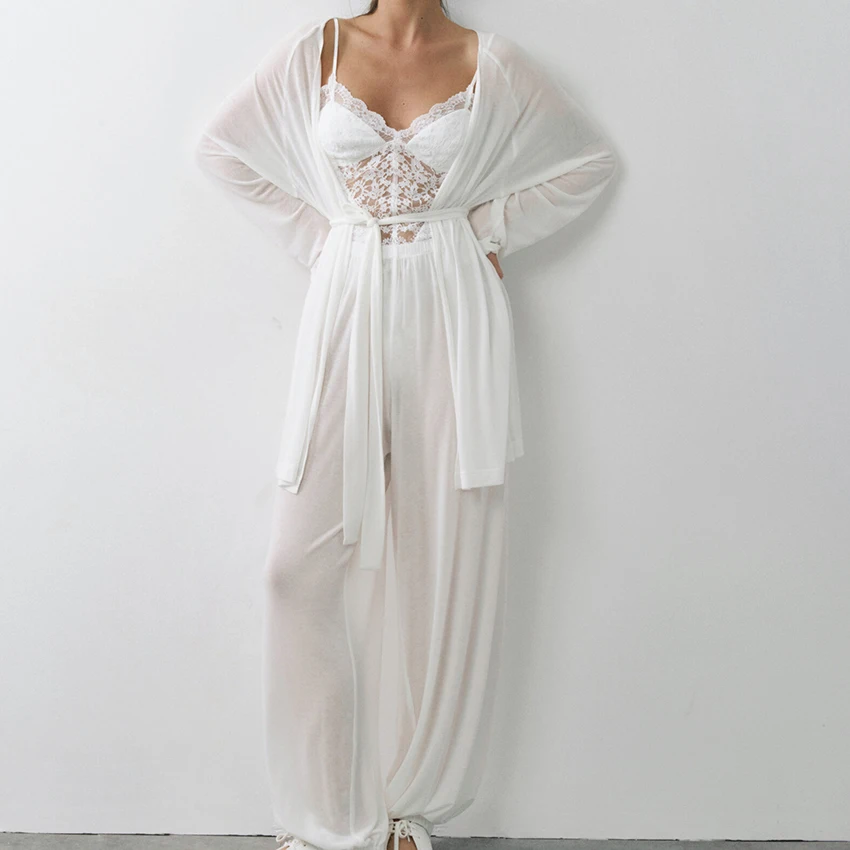 HiLoc White Fashion Knitted Elastic Ladies' Pajamas Two-Piece Long Sleeve Wrap-Around Nightgown Elastic Waist Ankle-Length Pants