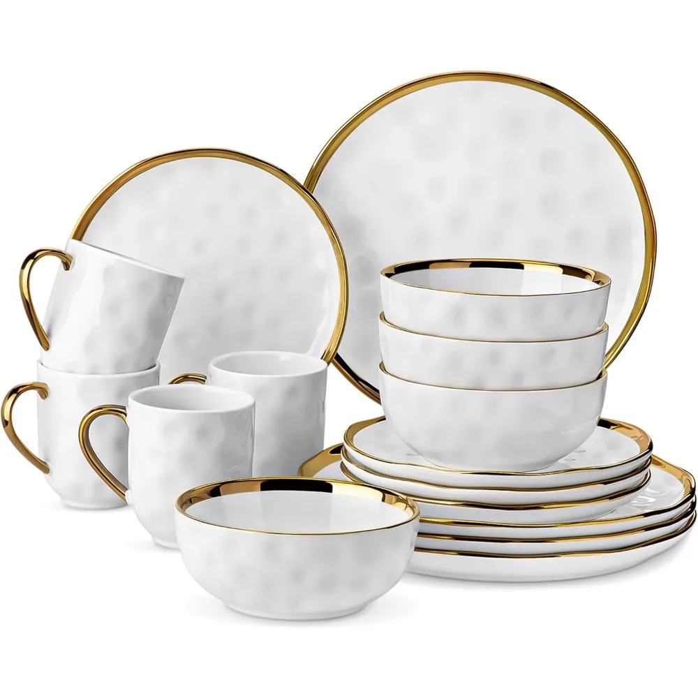 

LOVECASA White and Gold Dinnerware Sets, Stoneware Dish Set for 4, 16 Piece Kitchen Plates and Bowls Sets, Handmade Dinner Set