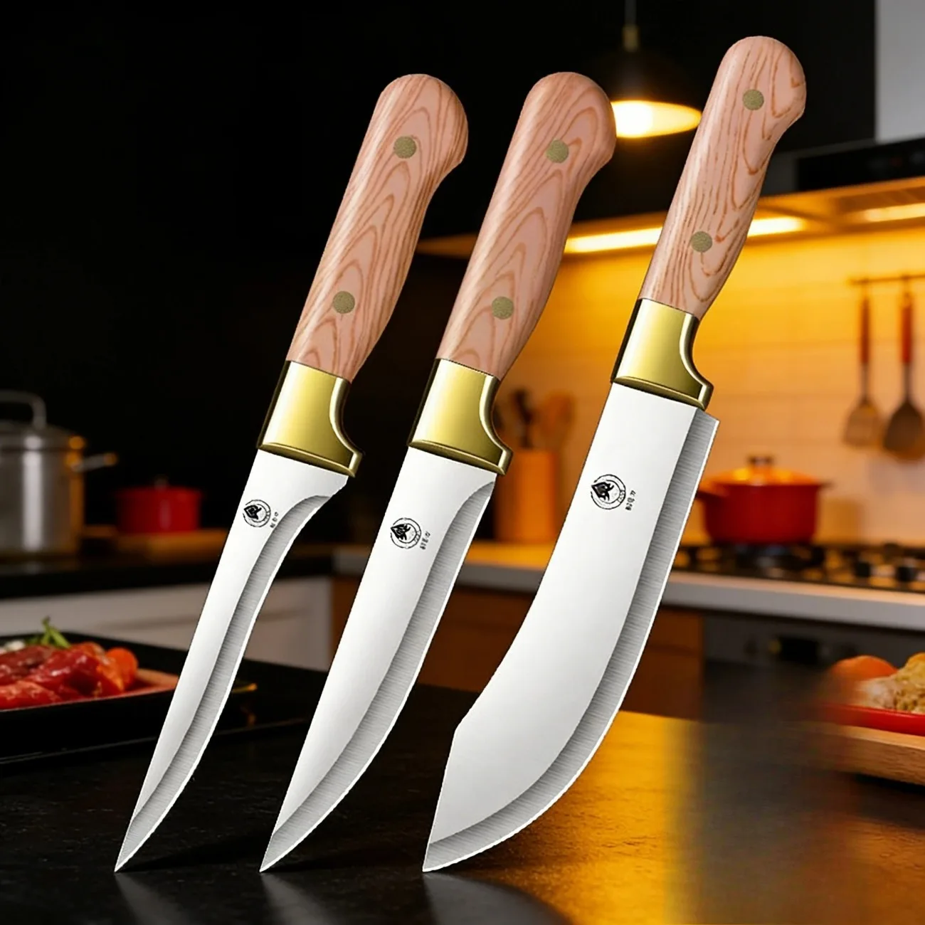 Conjunto premium de 3 facas de açougueiro para cozinha, para carne bovina, carne de carneiro e outros tipos de carne, com funções de desossar, cortar e multiuso.
