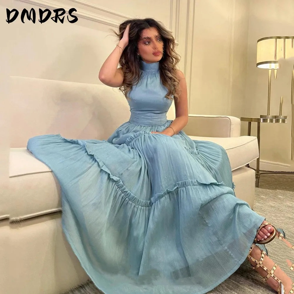 

Elegant Light Blue Prom Dress High Neck Silk Chiffon Evening Dress Sleeveless فستان سهرة Floor Lenght Party Dresses