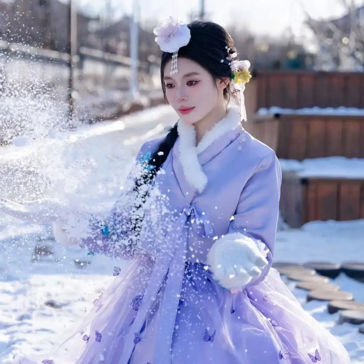 Winter Plush Collar Hanbok Women Traditional Korean Clothing Court Thicken Cotton Coat Yanji Princess Snow Uniform Female Hanbok