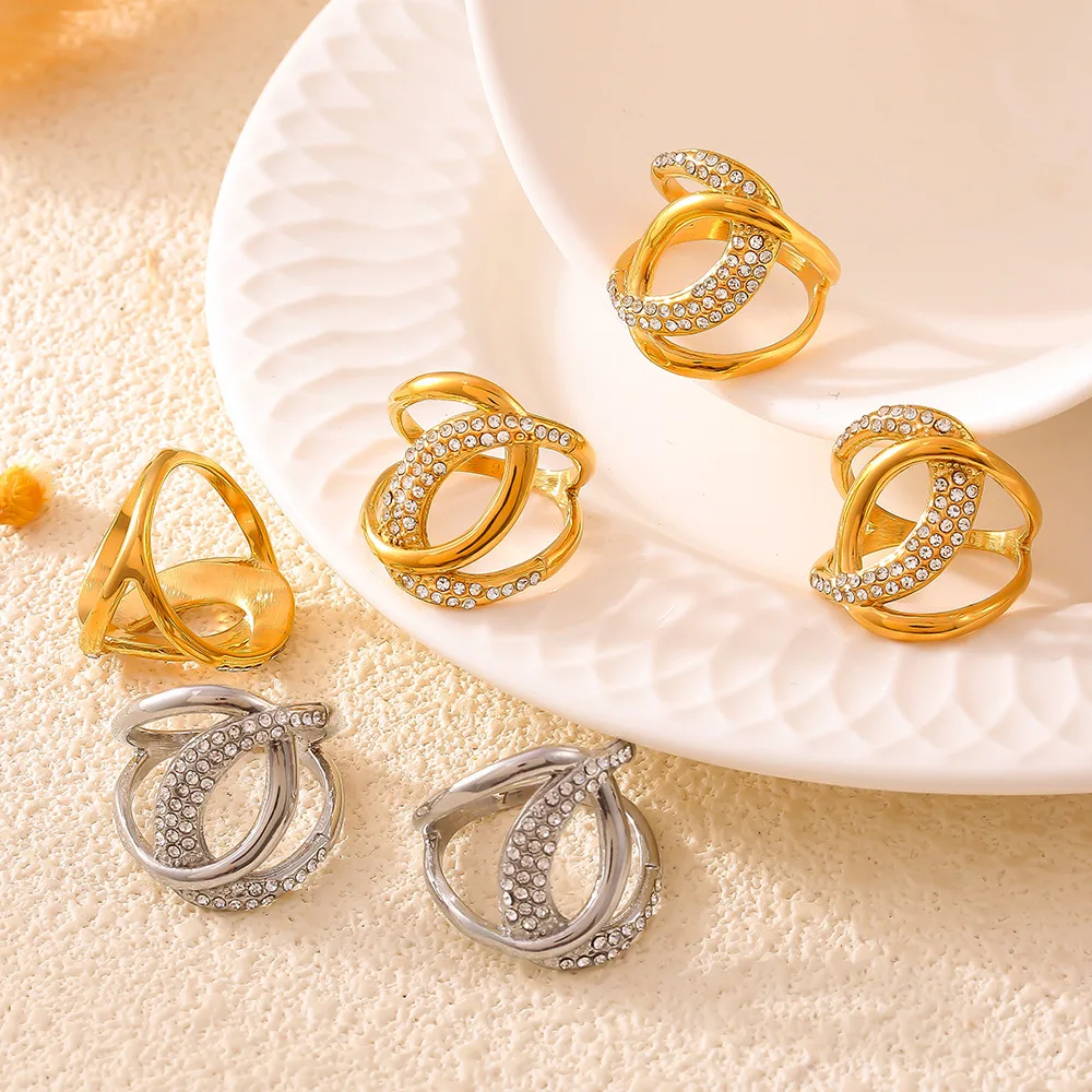 Trendy C Shape Hip Hop Rings for Women Luxury Inlaid Zircon Index Ring Stainless Steel Gold-plated Waterproof Party Jewelry Gift