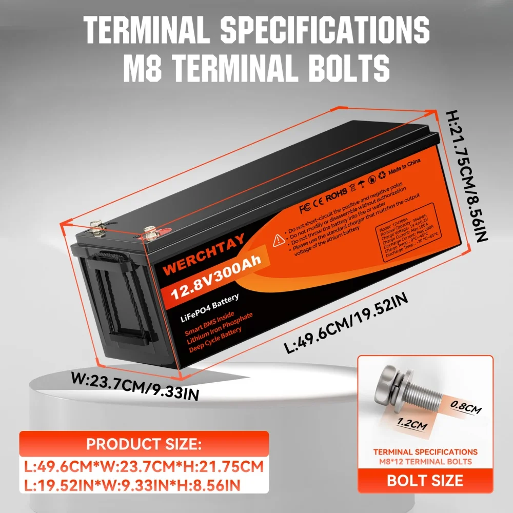 

WERCHTAY 12V 300Ah LiFePO4 Battery 300A BMS 25000+ Cycles for Trolling Motor Solar Panel Van Camping Power Supply