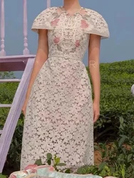 2024 Summer A-Line Dresses Women Lace Embroidery Vintage Short Sleeve Woman Mesh Sexy Dress Elegant Party Boho Solid Vestido