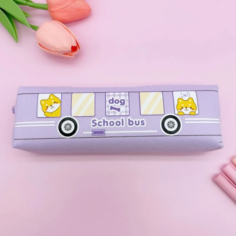 Cartoon Bus Pencil Bag Canvas Large Capacity Car Zipper Pen Pencilcase For Student Stationery School Supplies Kids Gifts