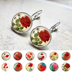 1Pair Silve/Copper Color Red Vintage Poppy Flower Glass Dome Earrings Fashion Red Flower French Earrings for Girls Women Jewelry
