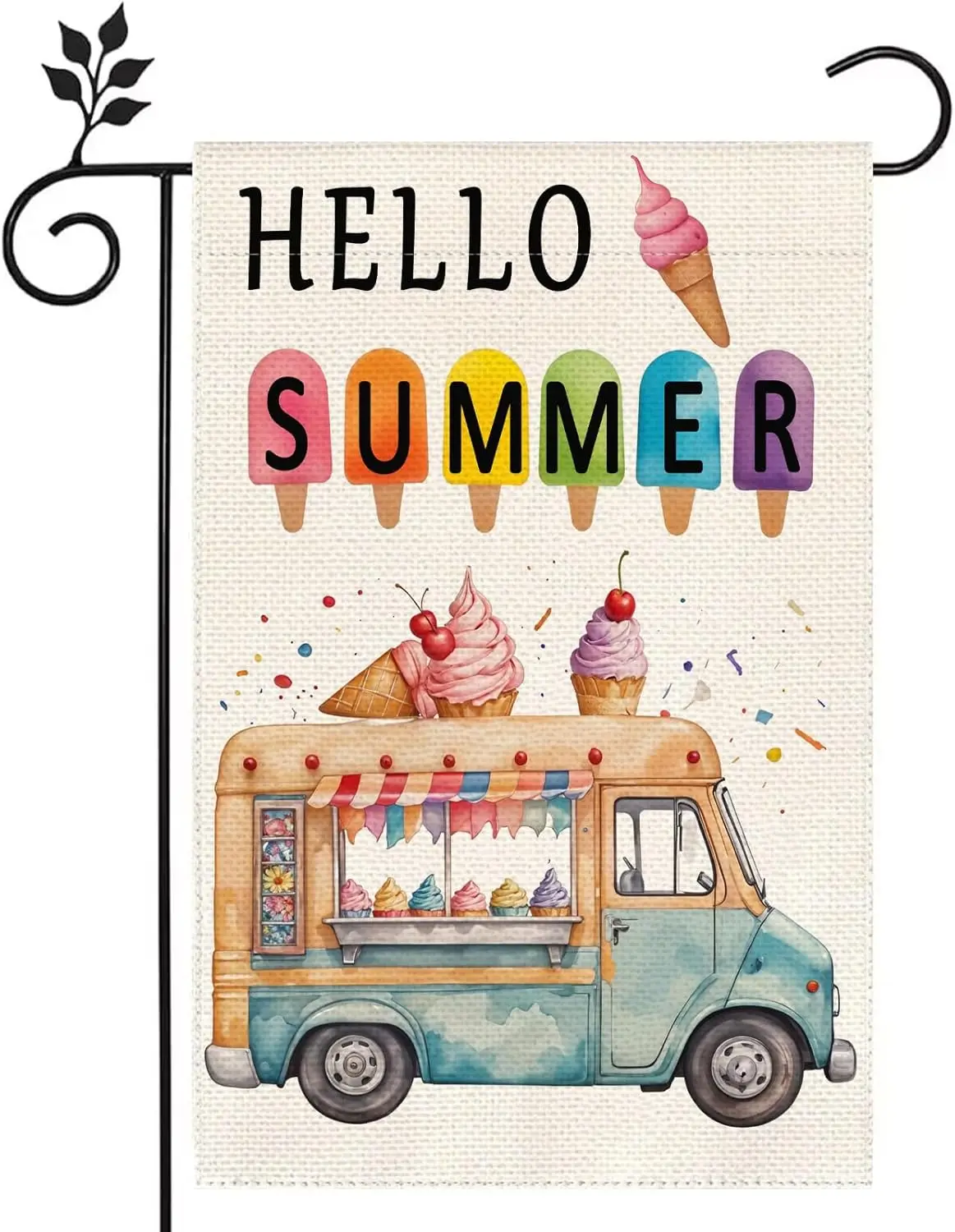 Hello Summer Colorful Car Ice Cream Garden Flag 12x18 inch Double Sided Burlap Home Outdoor Yard Decor Flag XAA UUV EEU SSL