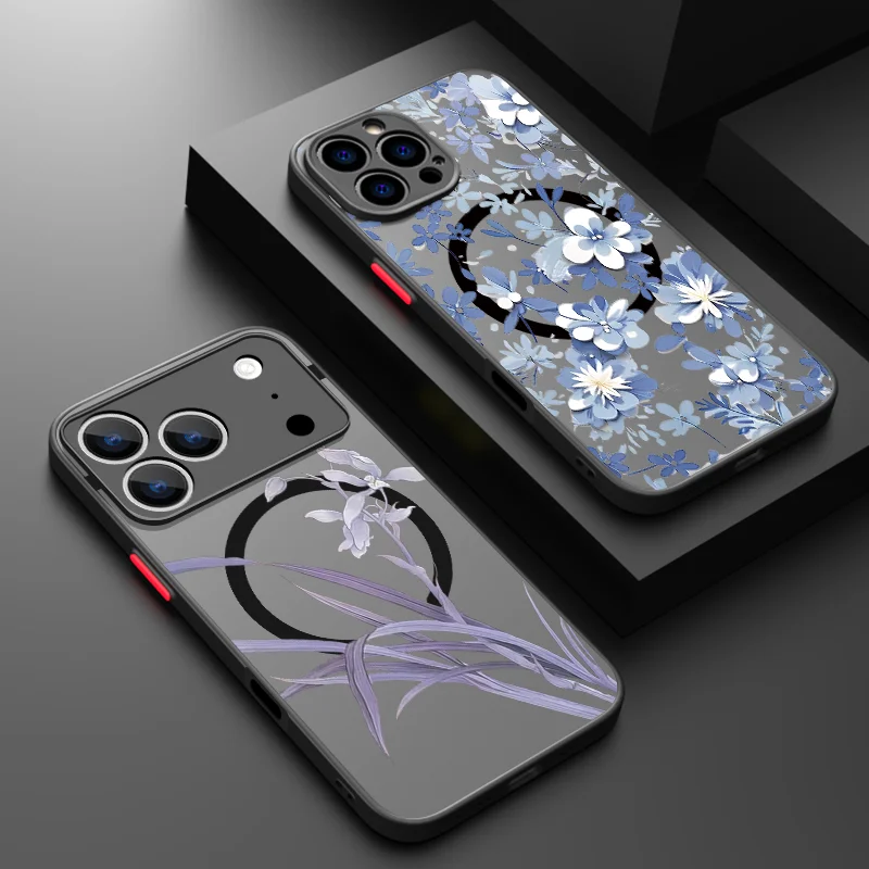 Lila blaue Blume magnetische Handyhülle für iPhone Air 16e 17 16 15 Pro Max 14 13 12 Pro 11 16 15 Plus stoßfeste Acrylhülle