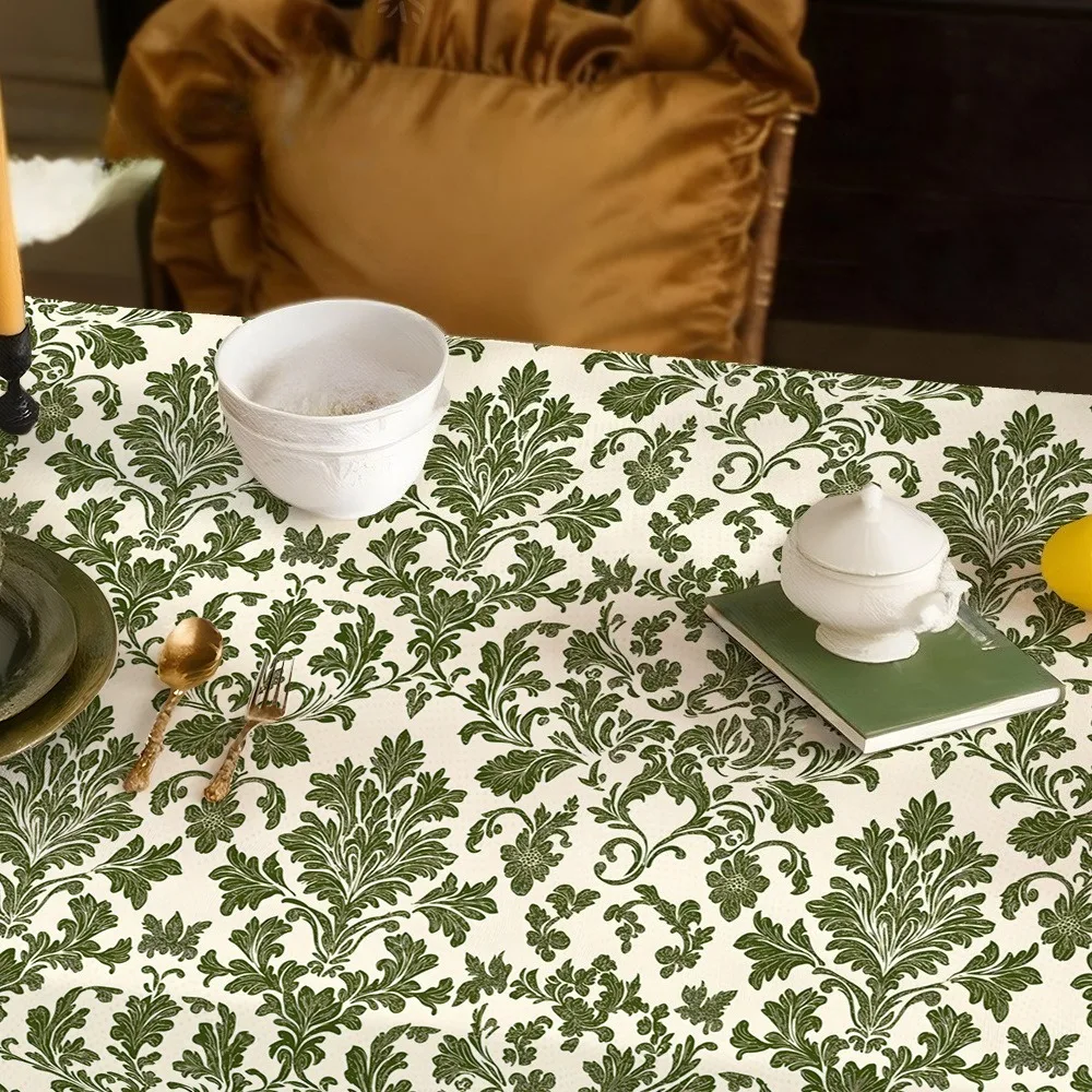 Floral tablecloth, green, white decoration, green leaves, check pattern and sunflowers, European style