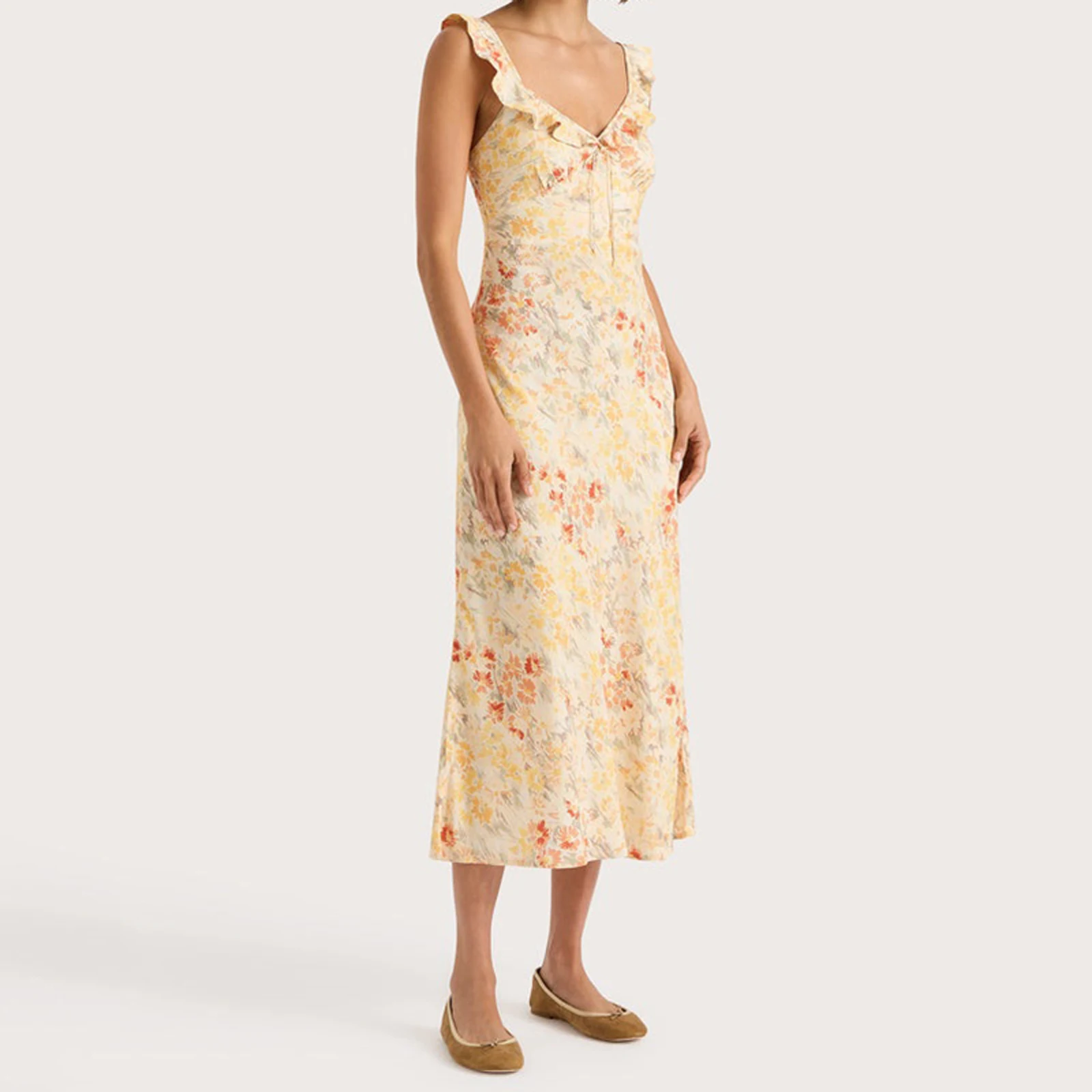 Combhasaki Abito estivo da donna senza maniche con volant e scollo a V, busto increspato legato, stampa floreale, senza schienale, smock, abito longuette a trapezio