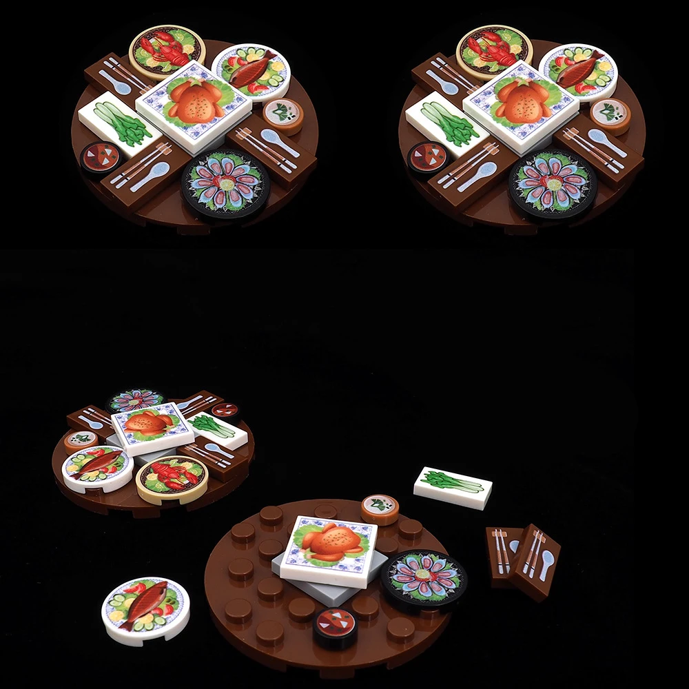 MOC Printed Food Plate Dinner Party Pattern Building Blocks Figures Restaurant Board Bricks Particle DIY Toys Children Kid Gifts