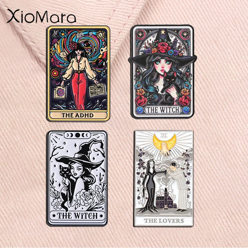 The Witch Tarot Card Enamel Pins Mysterious Magic Hat Witch Black Cat THE ADHD THE LOVERS Brooch Badge Jewelry Gifts for Friends