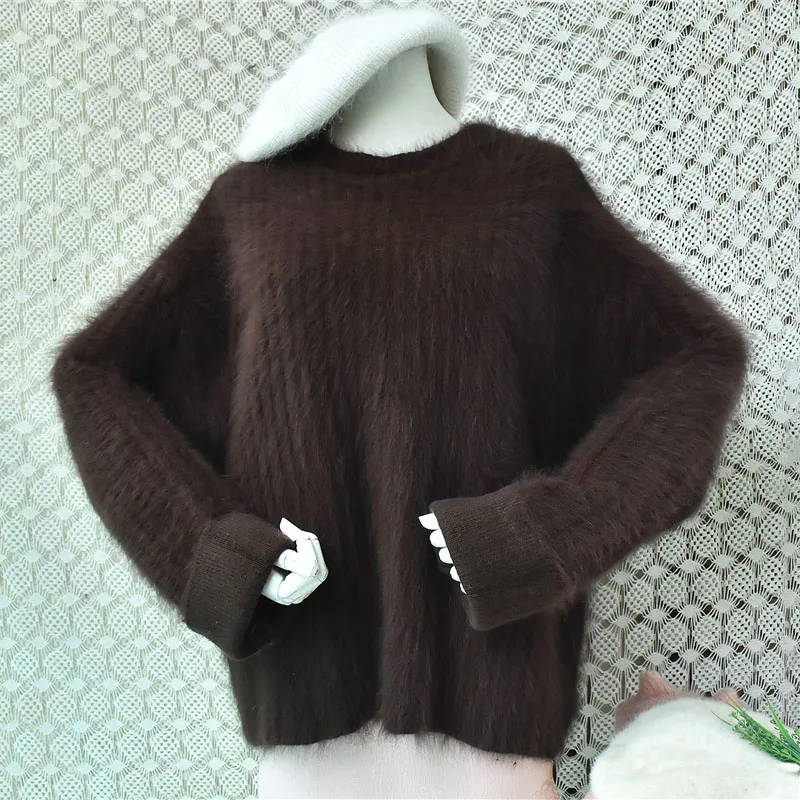 Women Mujer Autumn Winter Thick Warm Hairy Angora Rabbit Hair Knitted Striped O-Neck Long Sleeves Loose Pullover Sweater Jumper