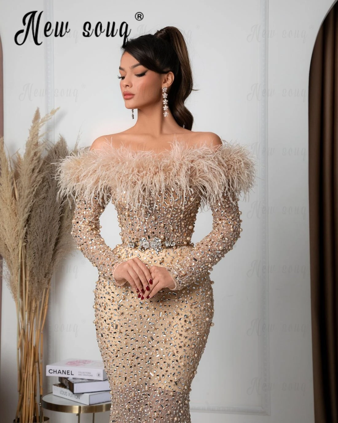 Feather Off Shoulder Long Sleeve Evening Dress Heavy Crystals Champagne Wedding Guest Prom Dresses Mermaid Pageant Birthday Robe