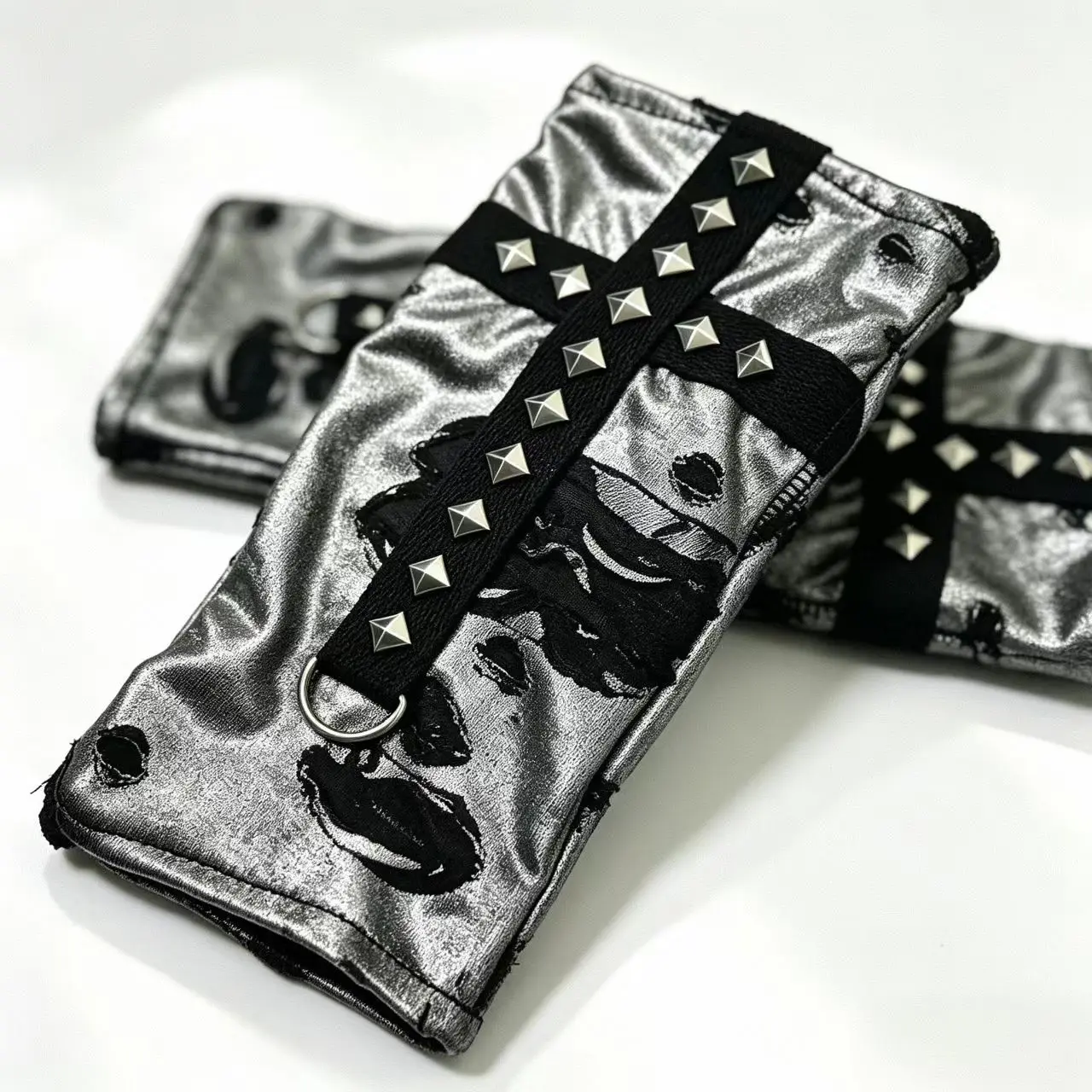 Dark Punk Fingerless Half Gloves with Silver Cross Rivets Gothic Street Style Short Cut-Out Gloves for Women