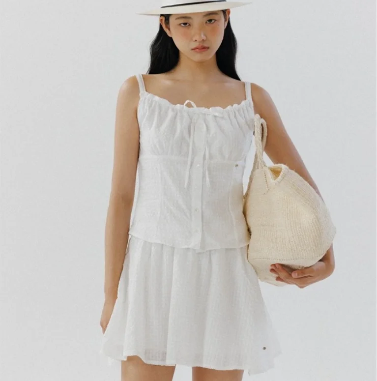 하우스 2025 여름 심플 단색 벨트 스트랩 베스트 플리츠 스커트 세트 여성 패션 코튼 투피스 수트